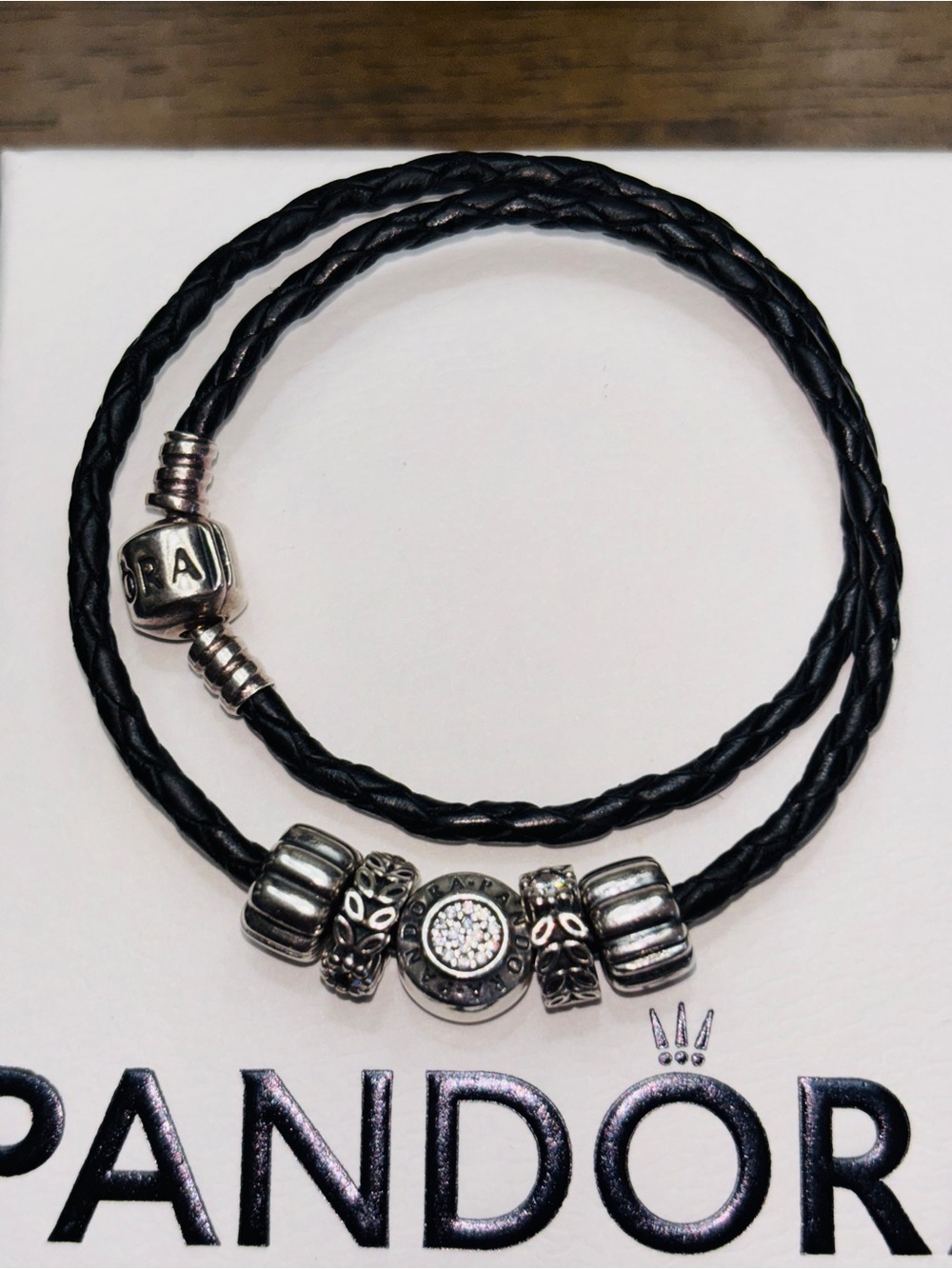 Pandora Black Braided Leather Double Wrap Bracelet with Silver Charms